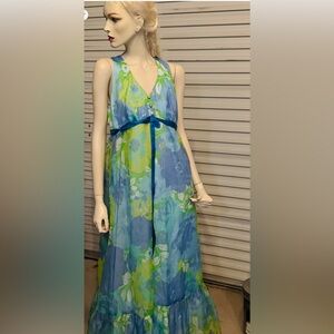 70s Gown with Shawl Blue and Green Wedding Garden Party Soirée - Lined-Vintage